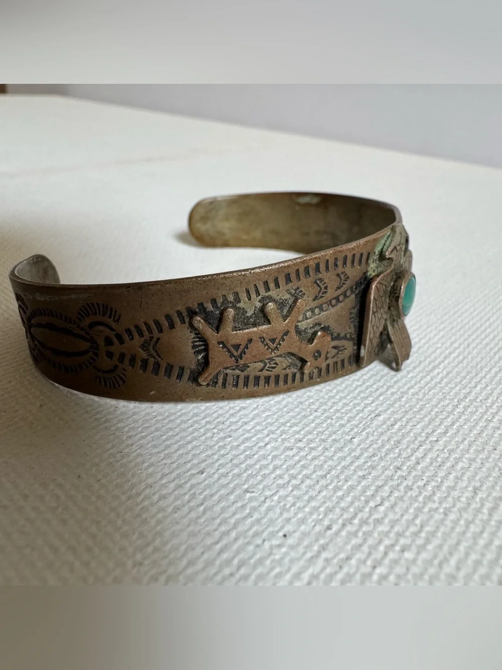Vtg Nickel Silver Genuine Turquoise Thunderbird Horse Cuff Bracelet Southwest